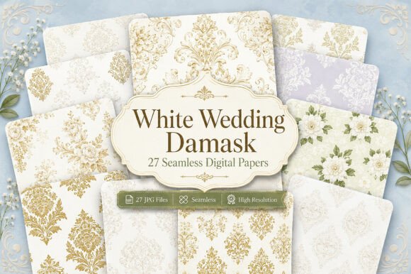 Download White Wedding Damask Digital Paper Bundl - Damask Collection