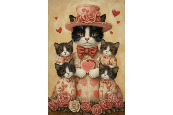 Download Cat Family in Peach with Roses &amp; Hearts - Hearts Collection