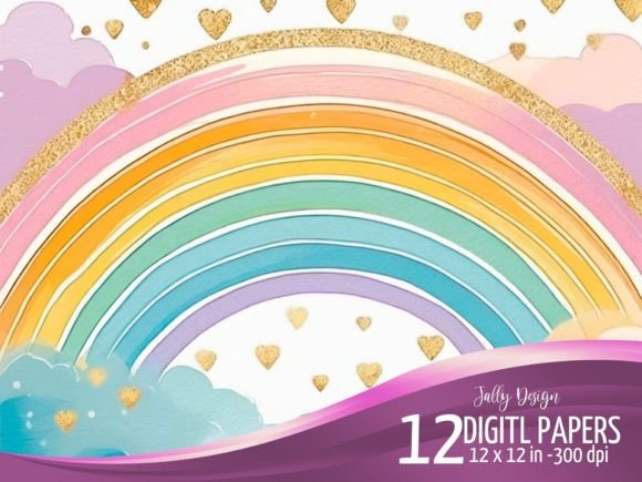 Download Watercolor Rainbow &amp; Golden Hearts Paper - Hearts Collection