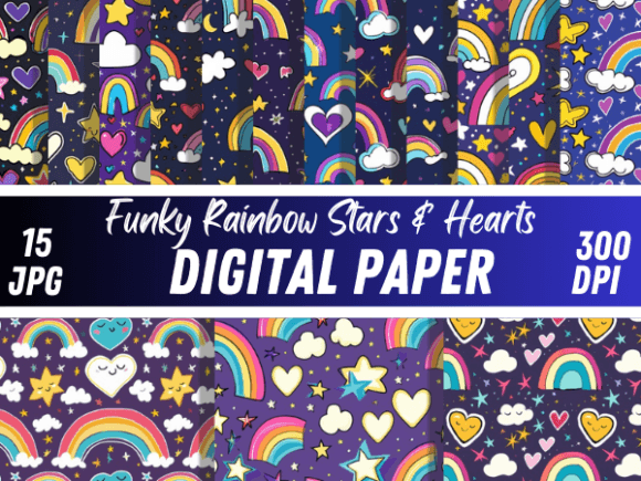 Download Funky Rainbow Stars Hearts Paper Pattern - Hearts Collection