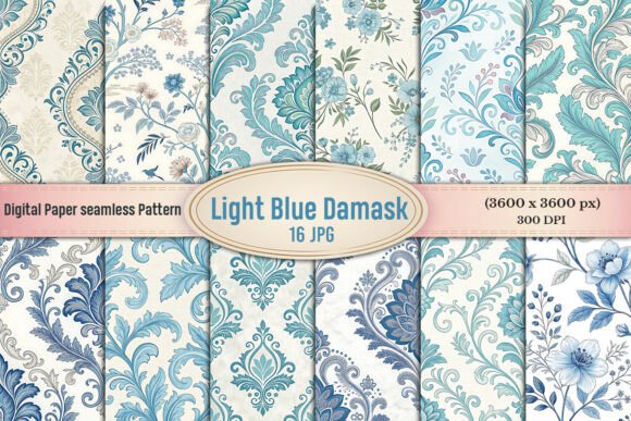 Download Light Blue Damask Seamless Digital Paper - Damask Collection